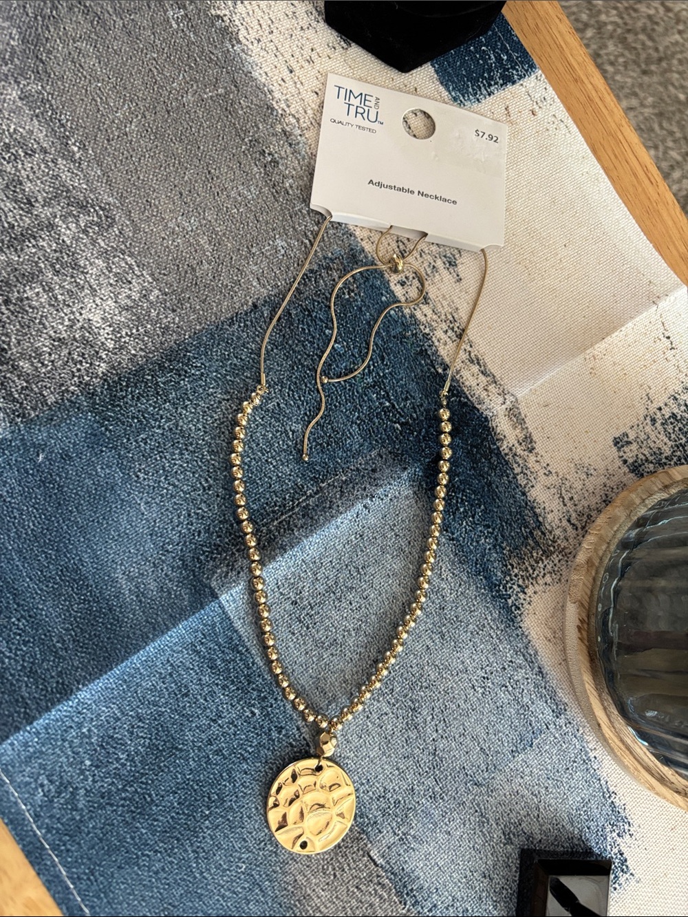 Time and Tru Gold-Tone Beaded Necklace with Textured Round Pendant - Picture 2 of 3